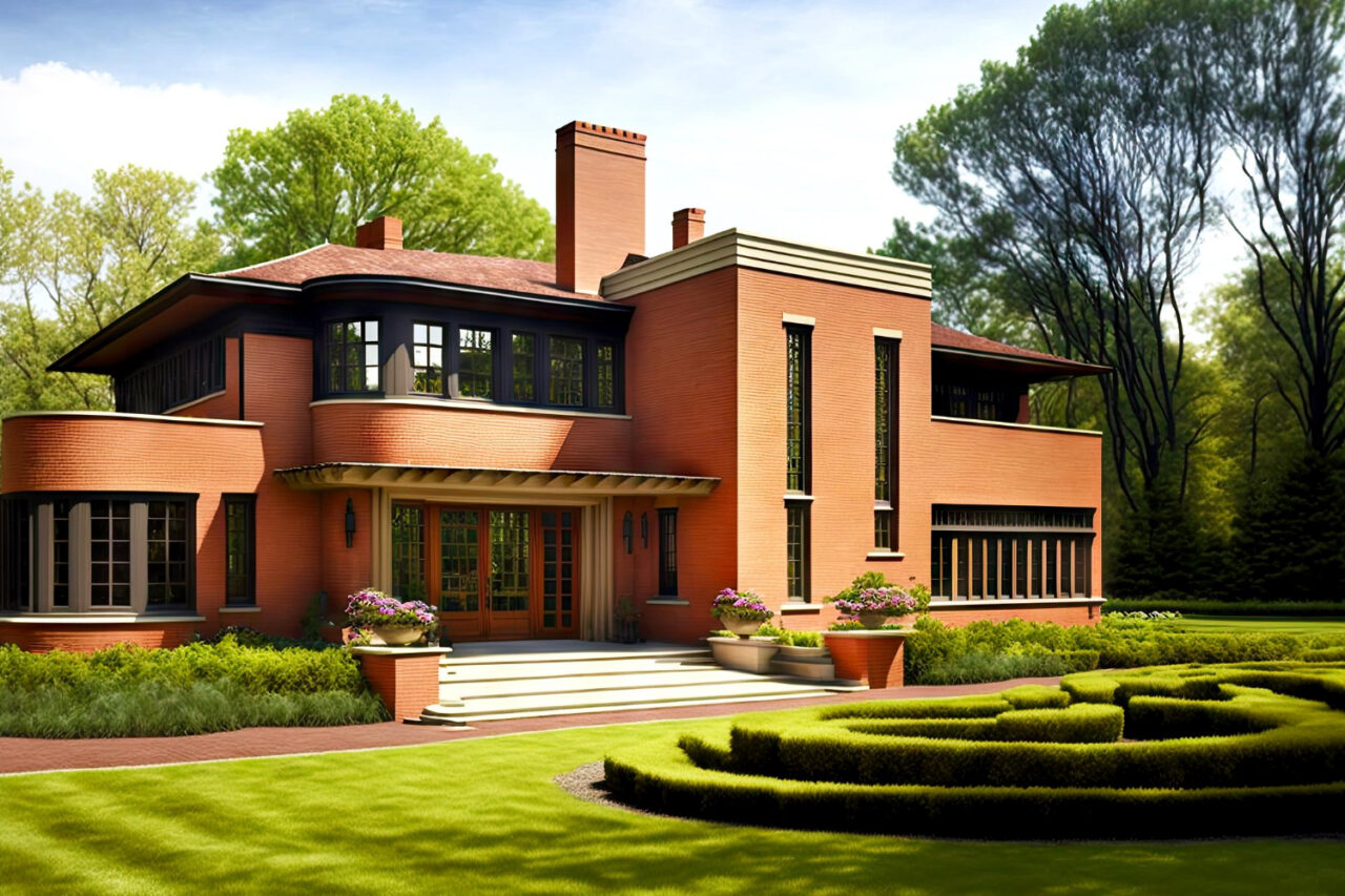red-brick-building-middle-garden-prairie-style-house-exterior